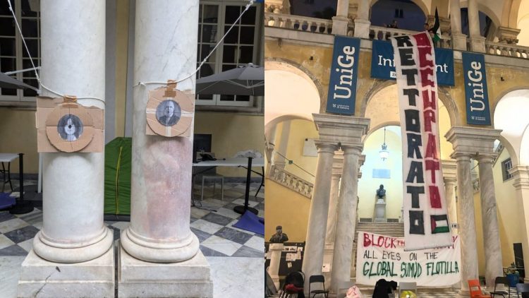 Università di Genova, volti di Bernini e del rettore come bersagli: “L’ateneo non supporta la Flotilla”