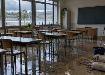 Aula scolastica allagata dopo un evento climatico, con acqua sul pavimento e sedie sollevate sui banchi.