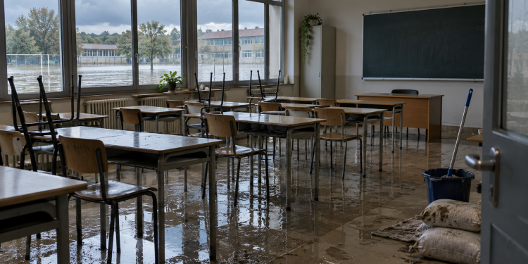 Aula scolastica allagata dopo un evento climatico, con acqua sul pavimento e sedie sollevate sui banchi.
