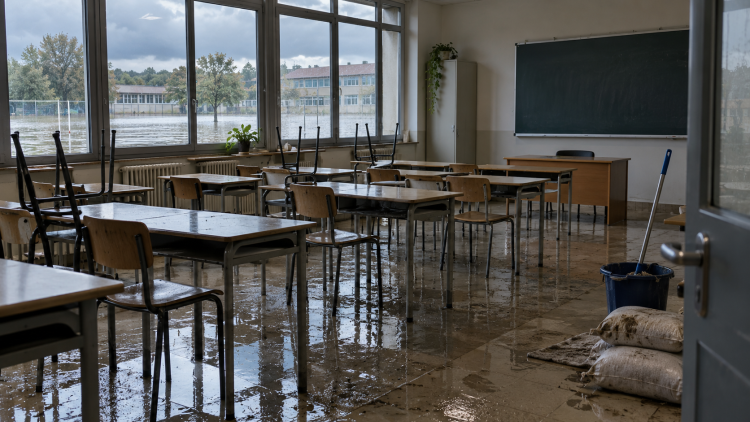 Aula scolastica allagata dopo un evento climatico, con acqua sul pavimento e sedie sollevate sui banchi.