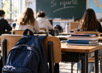 Aula scolastica italiana con banchi vuoti, simbolo del calo degli studenti e della denatalità