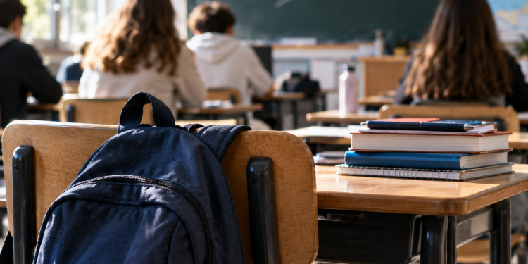 Aula scolastica italiana con banchi vuoti, simbolo del calo degli studenti e della denatalità