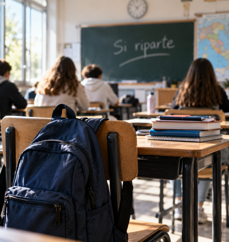 Aula scolastica italiana con banchi vuoti, simbolo del calo degli studenti e della denatalità