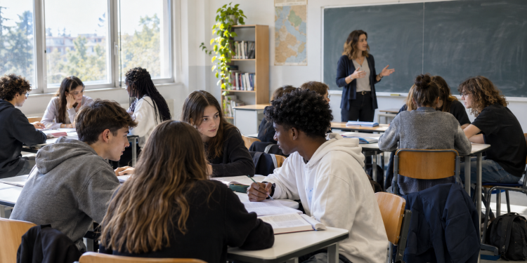 Classe con studenti italiani e con cittadinanza non italiana durante una lezione