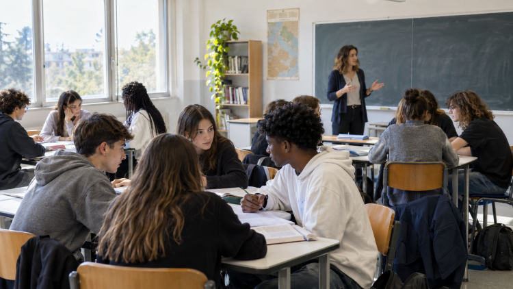 Classe con studenti italiani e con cittadinanza non italiana durante una lezione