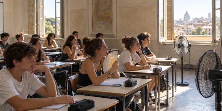 Studenti seduti in un’aula scolastica con finestre aperte e ventilatori accesi.