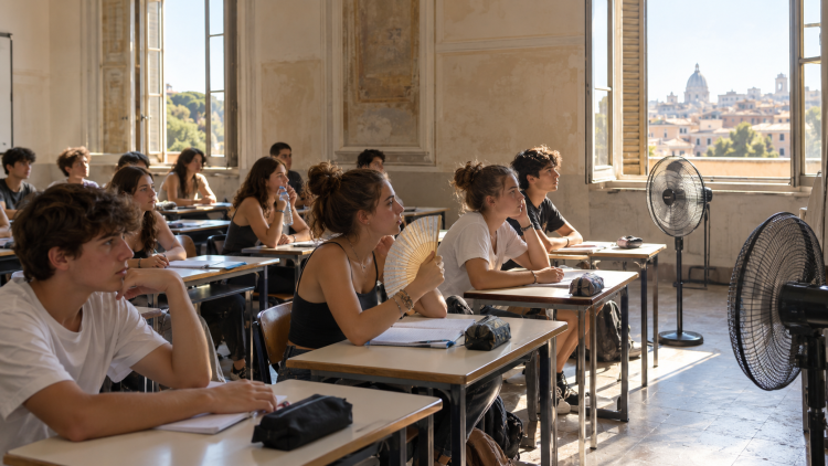 Studenti seduti in un’aula scolastica con finestre aperte e ventilatori accesi.