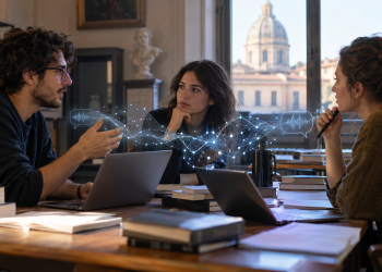 Giovani ricercatori discutono di intelligenza artificiale e comunicazione in un’università.