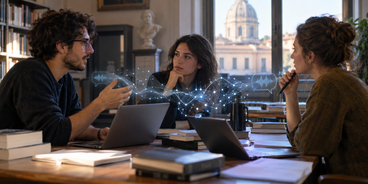 Giovani ricercatori discutono di intelligenza artificiale e comunicazione in un’università.