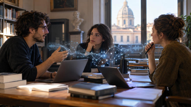 Giovani ricercatori discutono di intelligenza artificiale e comunicazione in un’università.