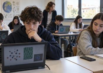 Studenti quindicenni svolgono una prova al computer durante una lezione di scienze.