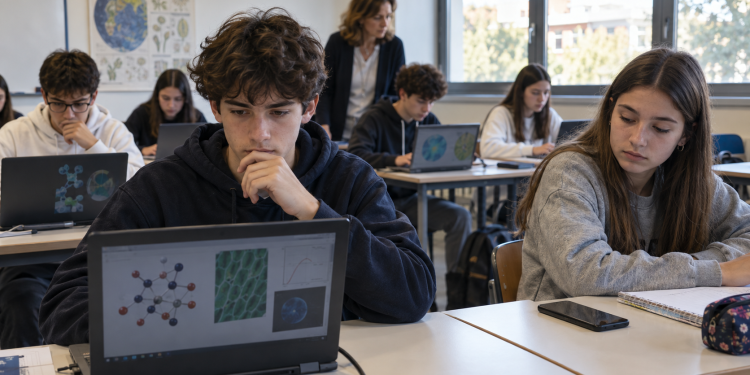 Studenti quindicenni svolgono una prova al computer durante una lezione di scienze.