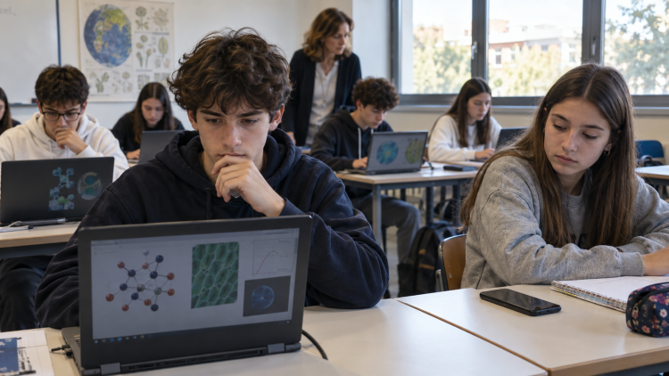 Studenti quindicenni svolgono una prova al computer durante una lezione di scienze.