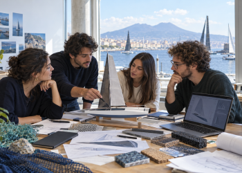 Giovani progettisti lavorano a un modello di barca a vela sostenibile in un laboratorio affacciato sul golfo di Napoli