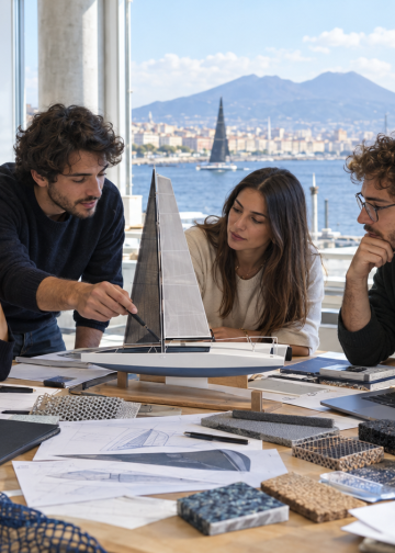 Giovani progettisti lavorano a un modello di barca a vela sostenibile in un laboratorio affacciato sul golfo di Napoli