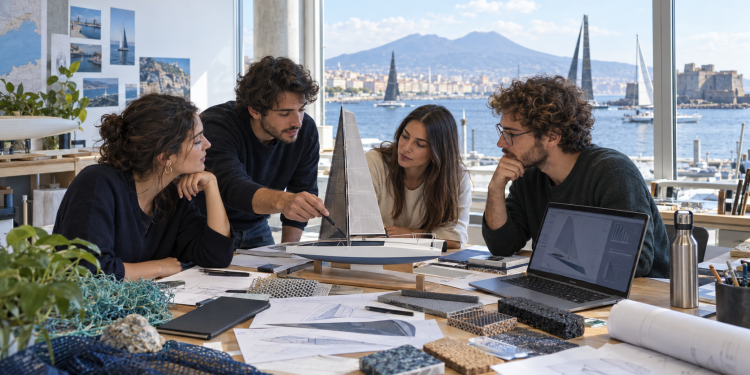 Giovani progettisti lavorano a un modello di barca a vela sostenibile in un laboratorio affacciato sul golfo di Napoli