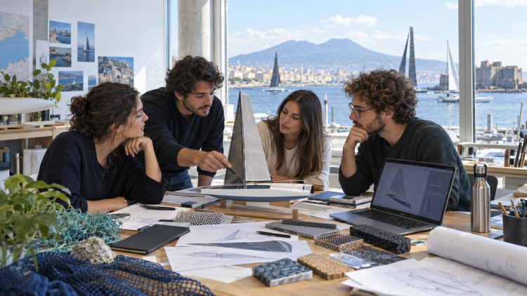 Giovani progettisti lavorano a un modello di barca a vela sostenibile in un laboratorio affacciato sul golfo di Napoli