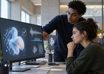 Due giovani analizzano contenuti creati con l’IA in un laboratorio digitale