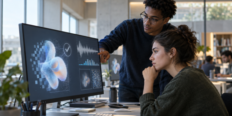 Due giovani analizzano contenuti creati con l’IA in un laboratorio digitale
