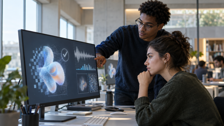 Due giovani analizzano contenuti creati con l’IA in un laboratorio digitale