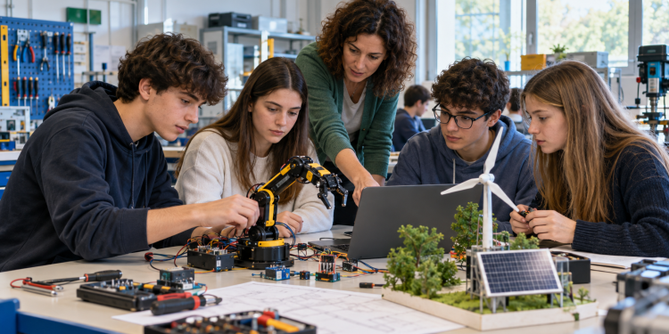 Studenti in laboratorio durante un progetto di robotica ed energia rinnovabile per la riforma degli istituti tecnici 2026.