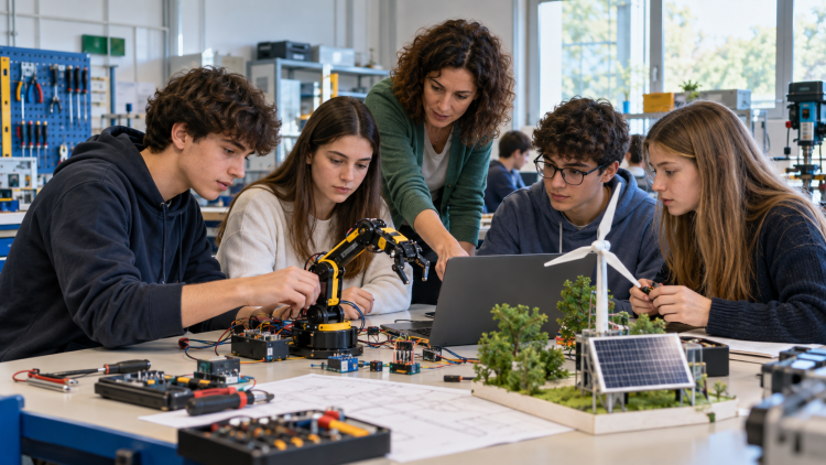 Studenti in laboratorio durante un progetto di robotica ed energia rinnovabile per la riforma degli istituti tecnici 2026.
