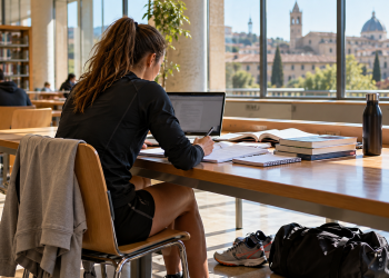 Studentessa atleta studia in biblioteca universitaria dopo l’allenamento