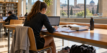 Studentessa atleta studia in biblioteca universitaria dopo l’allenamento