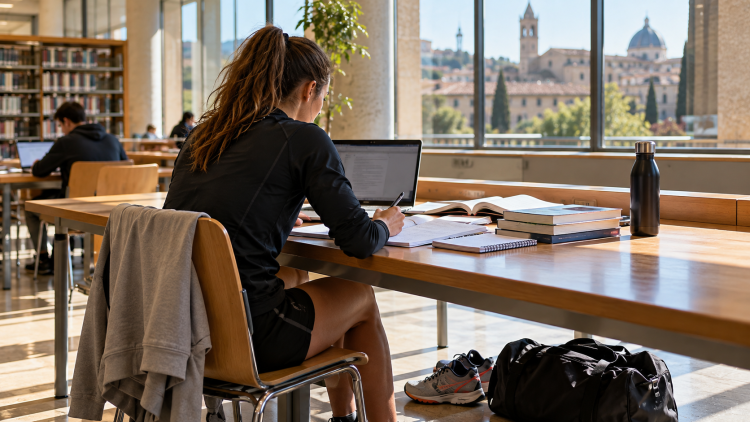 Studentessa atleta studia in biblioteca universitaria dopo l’allenamento