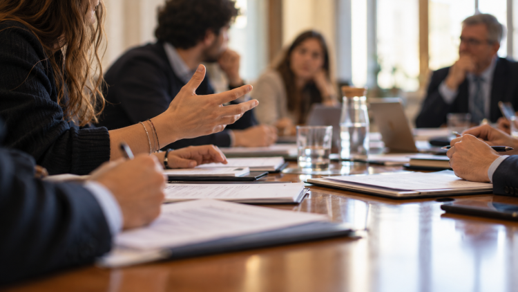 Docenti e giovani rappresentanti si confrontano intorno a un tavolo in una sala riunioni universitaria.