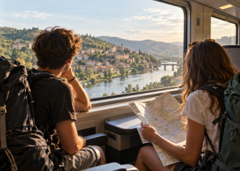 Due giovani con zaini viaggiano in treno attraverso l’Europa.