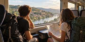 Due giovani con zaini viaggiano in treno attraverso l’Europa.