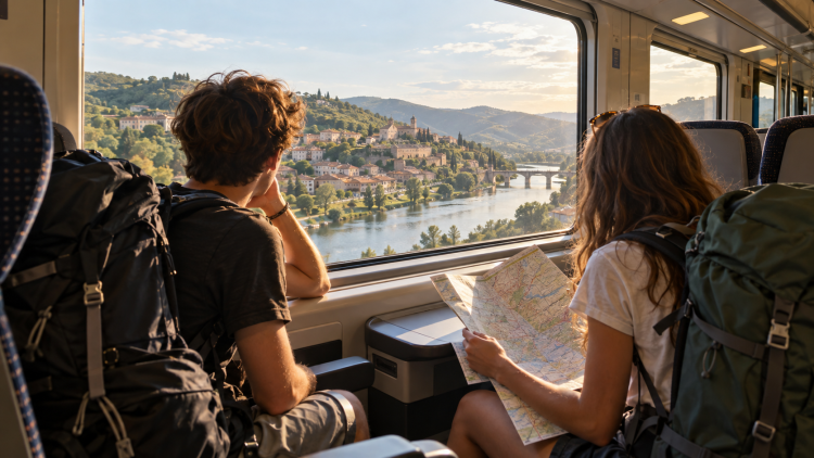 Due giovani con zaini viaggiano in treno attraverso l’Europa.