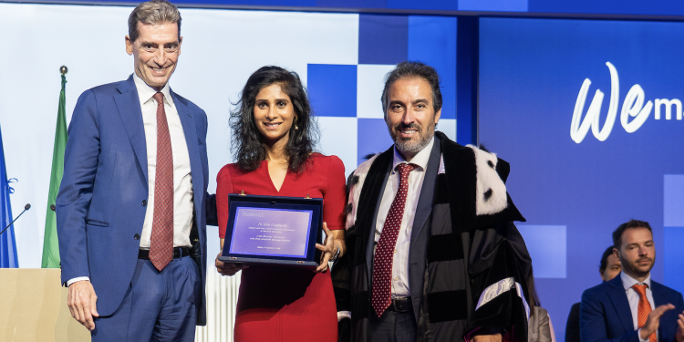 Il Presidente Andrea Sironi con Gita Gopinath e il Rettore Francesco Billari