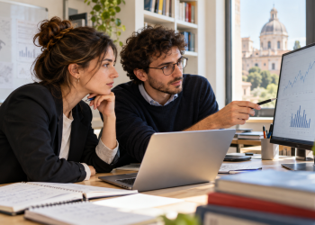 Due giovani ricercatori analizzano dati economici per un progetto di ricerca