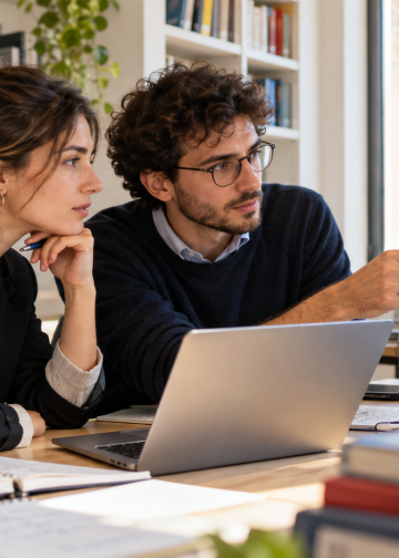 Due giovani ricercatori analizzano dati economici per un progetto di ricerca