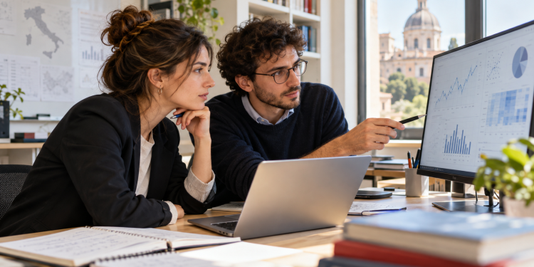 Due giovani ricercatori analizzano dati economici per un progetto di ricerca