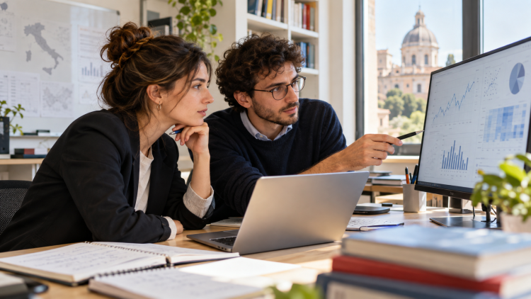 Due giovani ricercatori analizzano dati economici per un progetto di ricerca