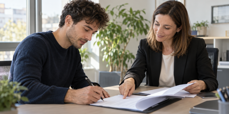 Bonus assunzioni 2026, giovane firma un contratto di lavoro in ufficio