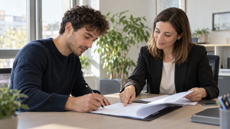 Bonus assunzioni 2026, giovane firma un contratto di lavoro in ufficio