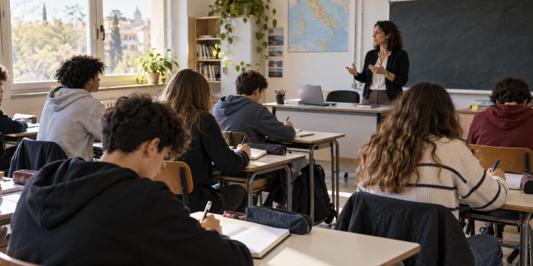 Studenti annotano i compiti sul diario durante una lezione in classe