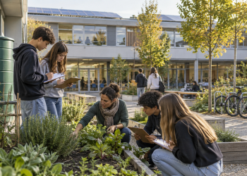 Studenti e insegnante partecipano a un progetto di educazione ambientale a scuola