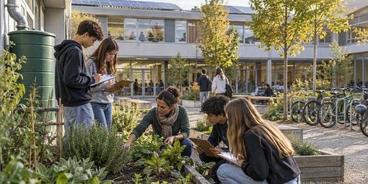 Studenti e insegnante partecipano a un progetto di educazione ambientale a scuola