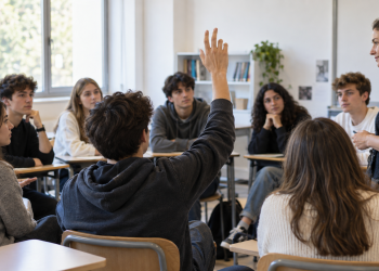 Educazione sessuale a scuola, studente alza la mano durante una discussione in classe