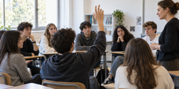 Educazione sessuale a scuola, studente alza la mano durante una discussione in classe