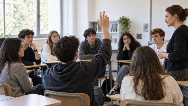 Educazione sessuale a scuola, studente alza la mano durante una discussione in classe
