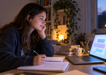 Studentessa al computer usa l’intelligenza artificiale per studiare e dialogare con un chatbot