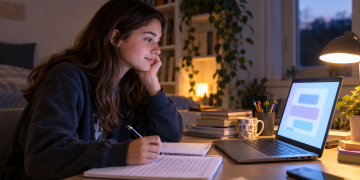 Studentessa al computer usa l’intelligenza artificiale per studiare e dialogare con un chatbot