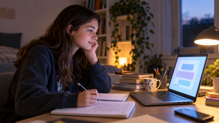 Studentessa al computer usa l’intelligenza artificiale per studiare e dialogare con un chatbot