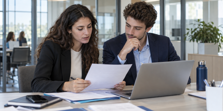Due giovani laureati esaminano i documenti per candidarsi agli stage UE retribuiti.